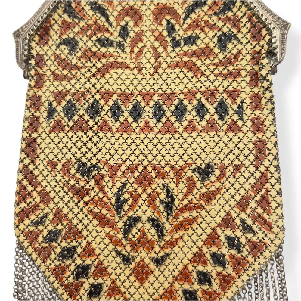 Antique Mandalian Art Deco Enamel Mesh Flapper Purse Red Black Yellow Beige 20s